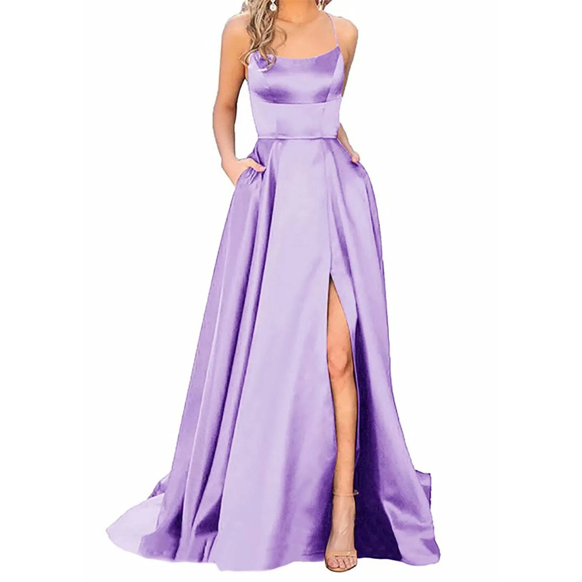 Satin Spaghetti Strap Thigh-Slit A-Line Gown 12