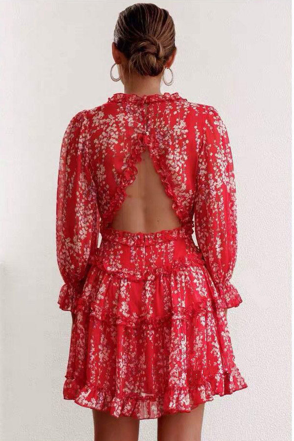 Red Floral Long Sleeve A-Line Short Mini Dress