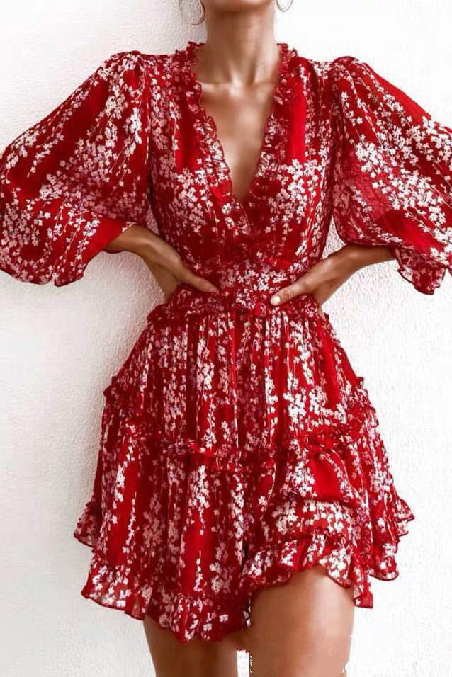 Red Floral Long Sleeve A-Line Short Mini Dress
