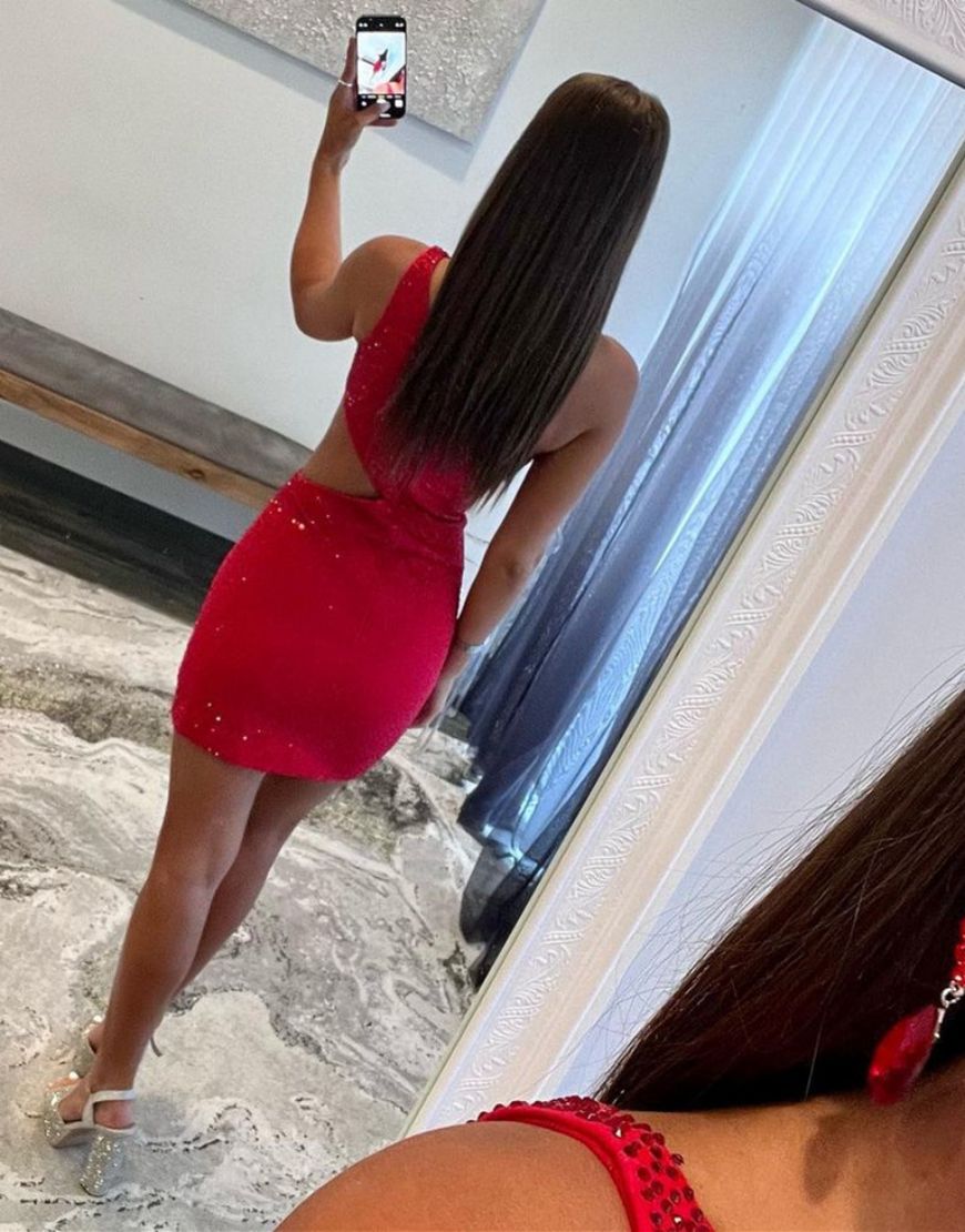 Red One Shoulder Cutout Waist Short Glitter Homecoming Dress - Fashionpara