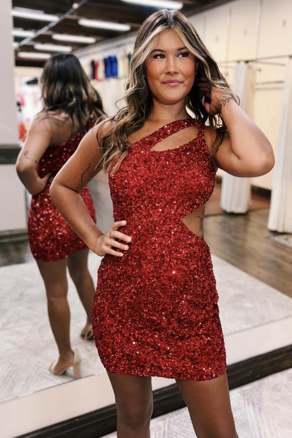 Red Sequin One Shoulder Cutout Waist Short Tight Homecoming Dress