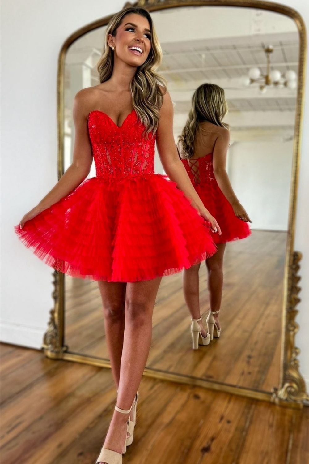 Red A-Line Sweeteart Lace Up Back Short Tulle Homecoming Dress - Fashionpara