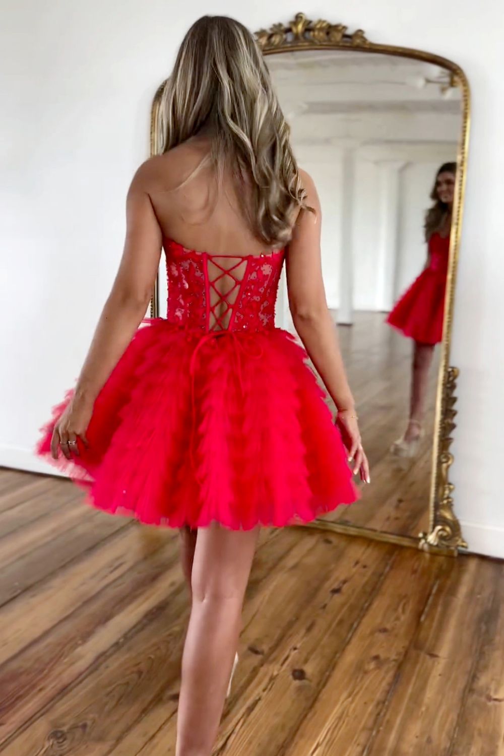 Red A-Line Sweeteart Lace Up Back Short Tulle Homecoming Dress - Fashionpara