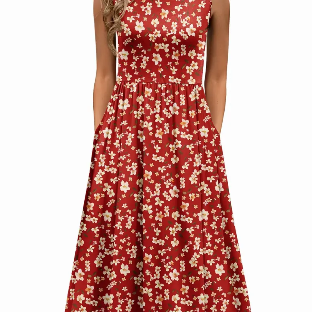 Crew Neck Sleeveless Floral Pocket Midi Dress