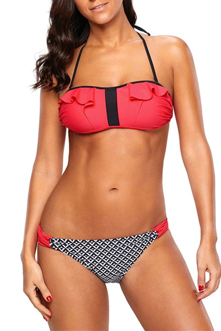 Red Frill Bandeau Bikini and Plaid Swimsuit
