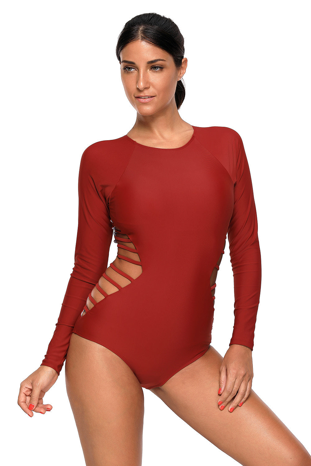 Red Long Sleeve Strappy Hollow-out One-piece Surf Swimsuit