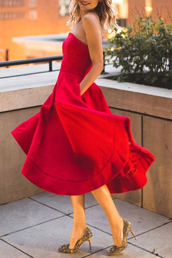 Red Strapless Midi Ruffled Dress