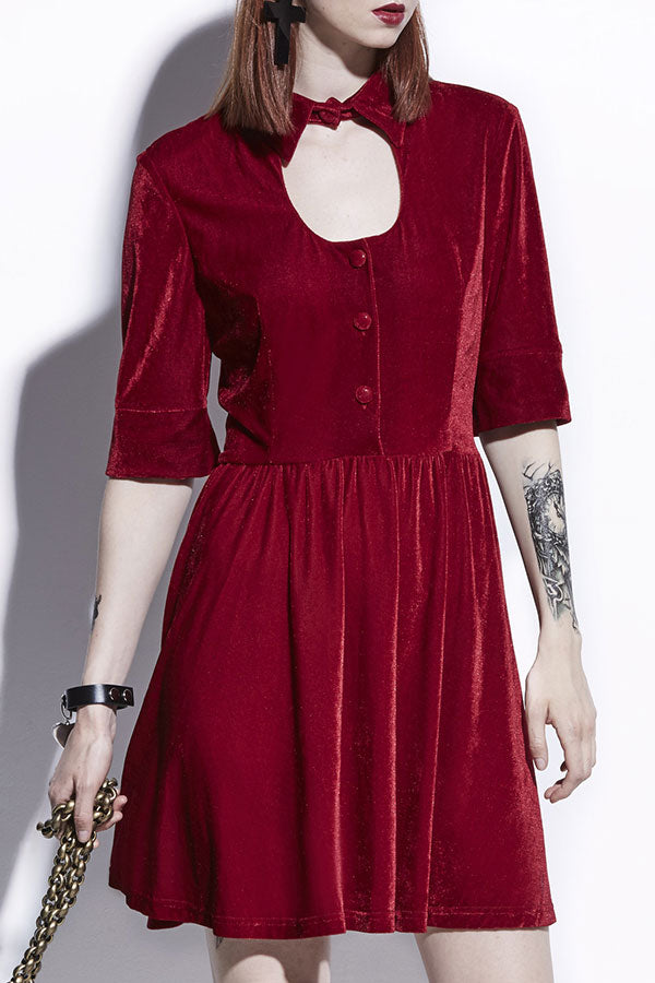 Red Velvet Buttoned A-line Dress