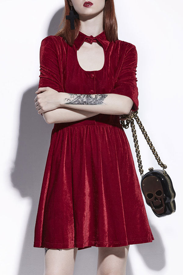 Red Velvet Buttoned A-line Dress - Mislish