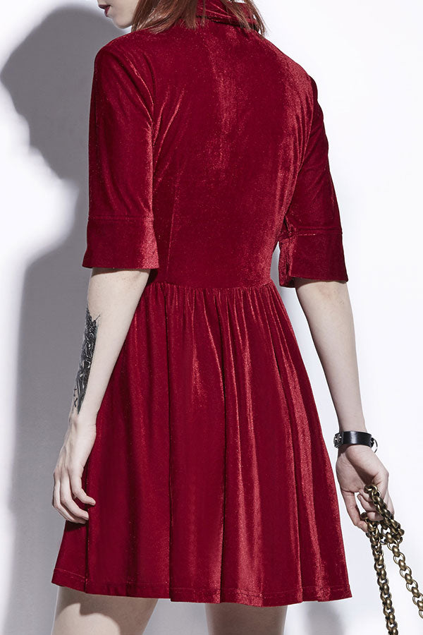Red Velvet Buttoned A-line Dress