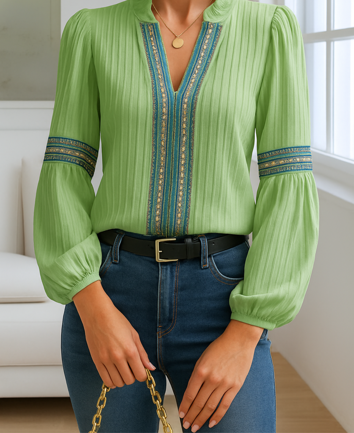 Stand Collar V-Neck Embroidered Trim Long Sleeve Blouse 6