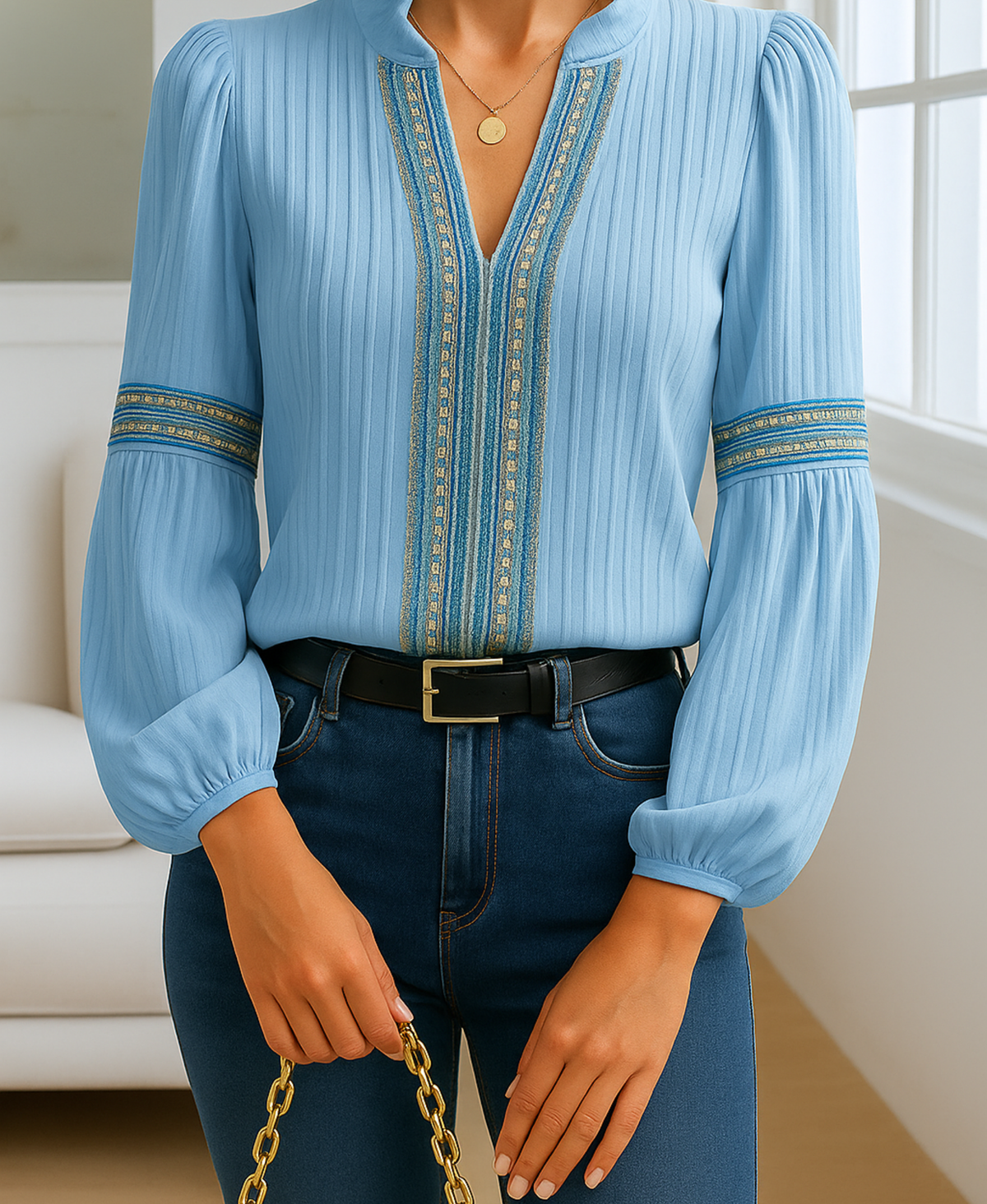 Stand Collar V-Neck Embroidered Trim Long Sleeve Blouse 7