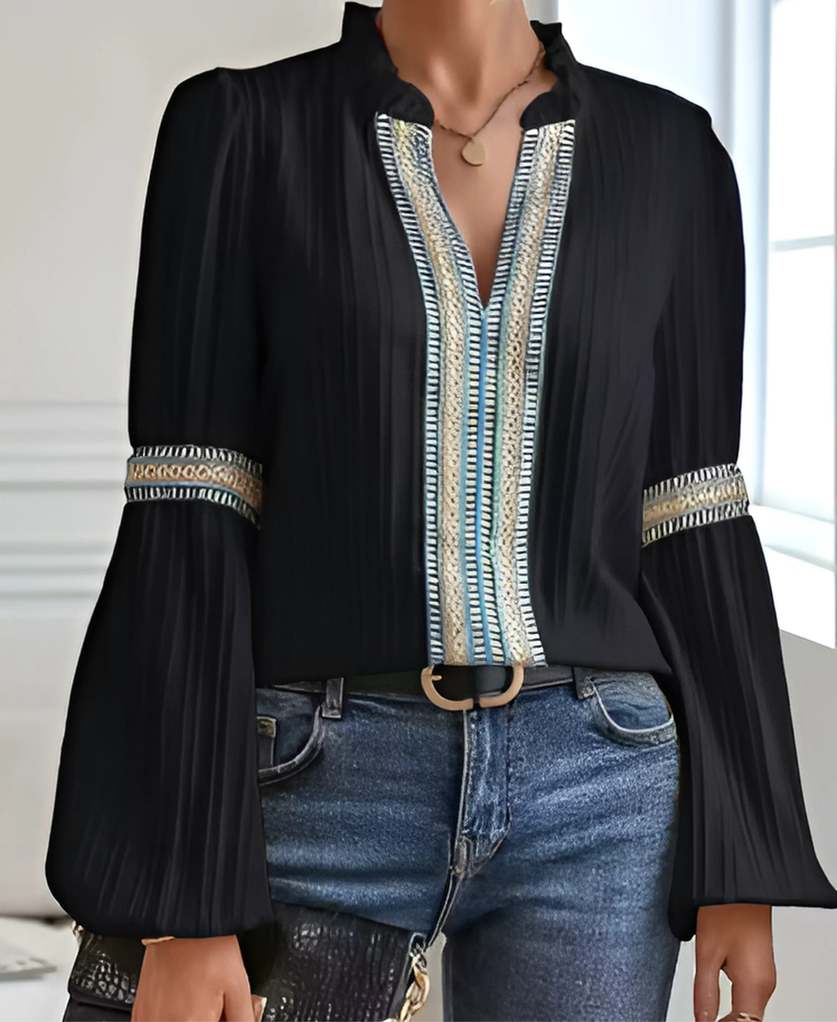 Stand Collar V-Neck Embroidered Trim Long Sleeve Blouse 8
