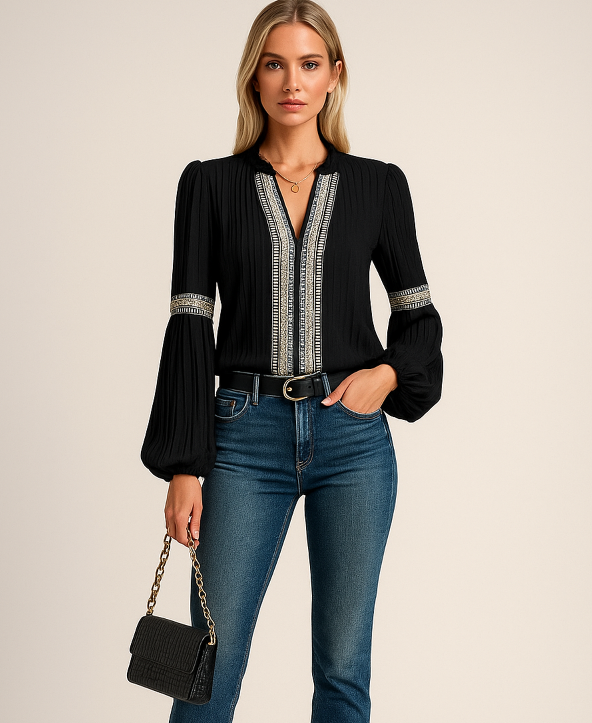Stand Collar V-Neck Embroidered Trim Long Sleeve Blouse 9