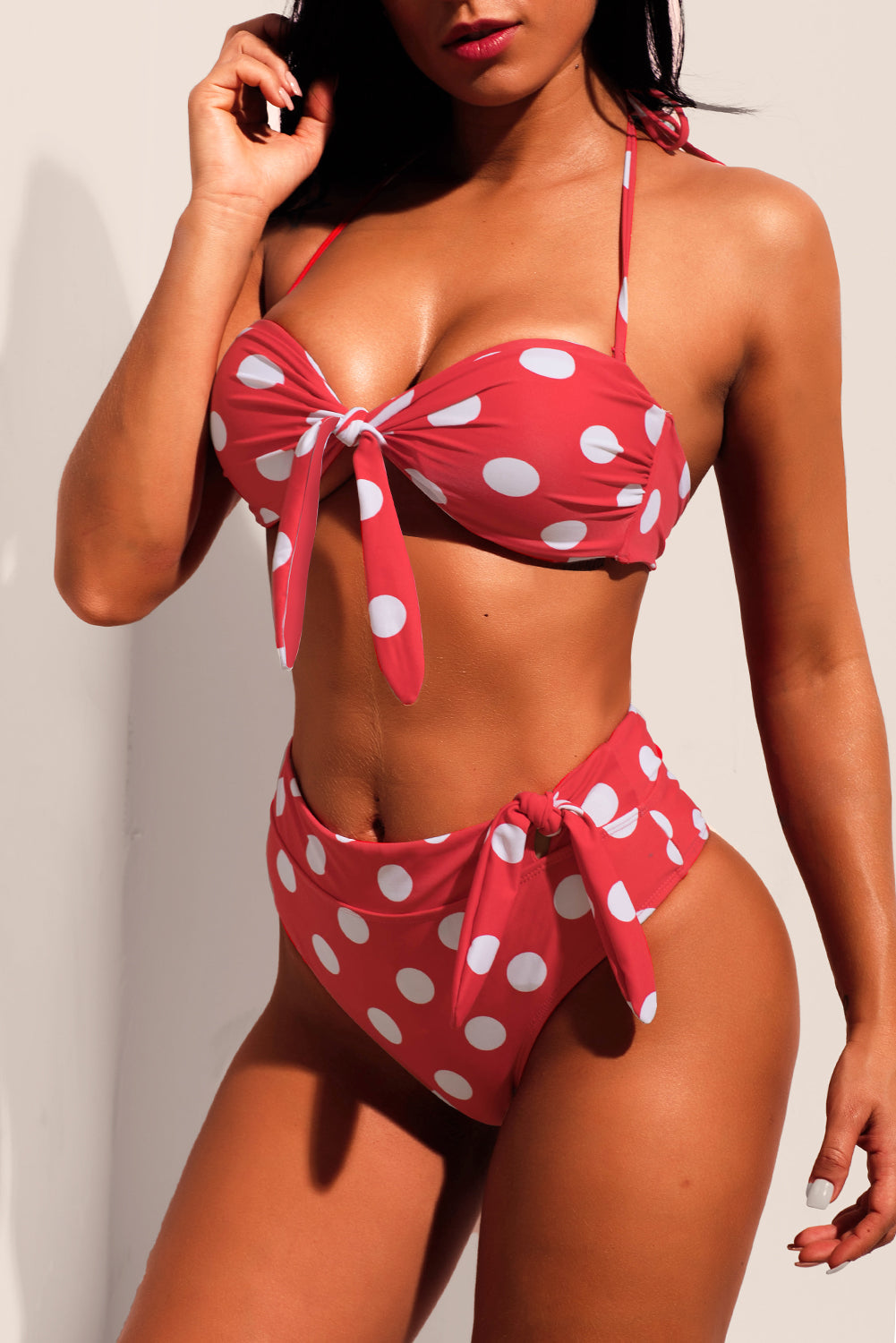 Red White Polka Dot Print Bow Tie Halter Hight Wait Bikini Set