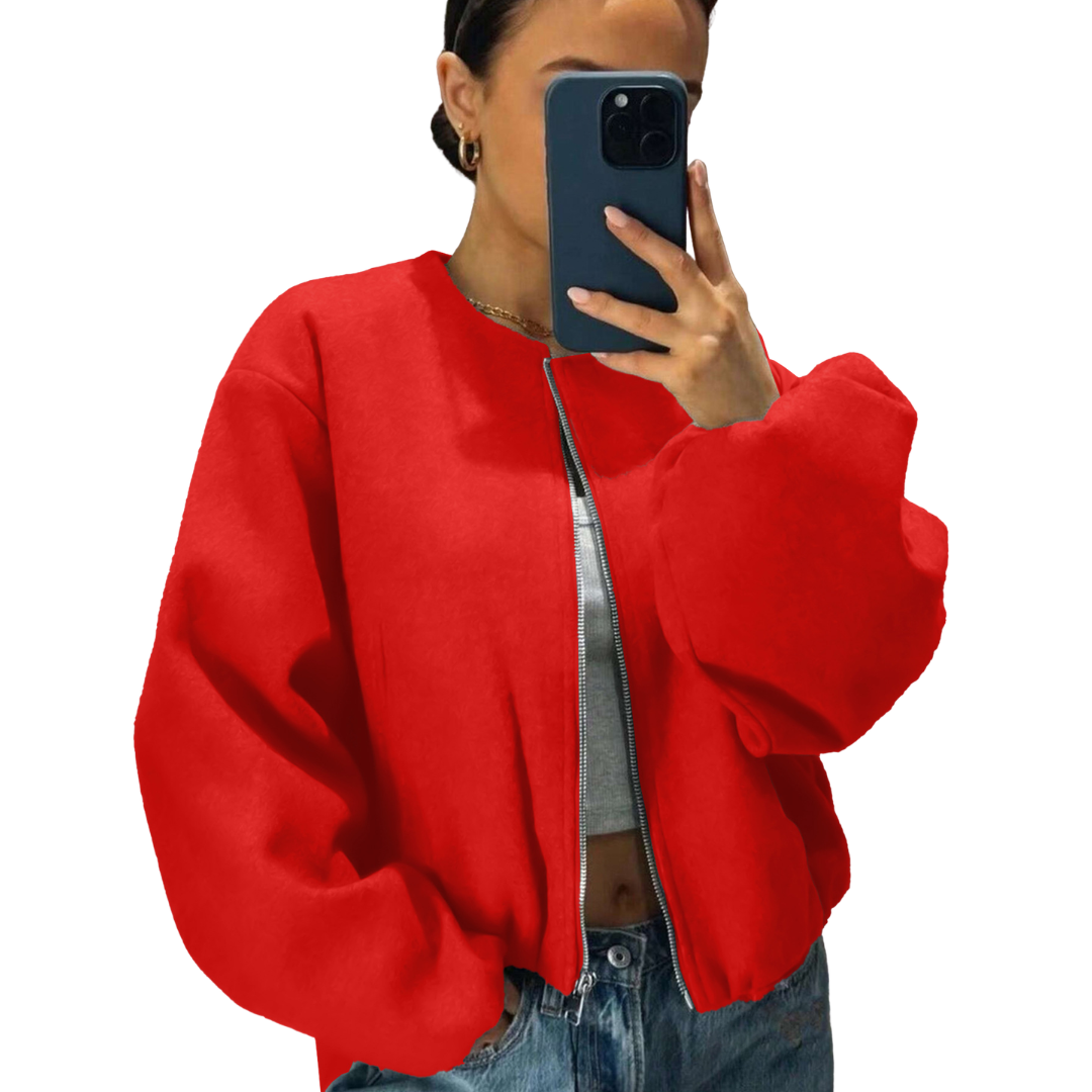 Round Neck Zip Front Drop Shoulder Cropped Bomber Jacket 2