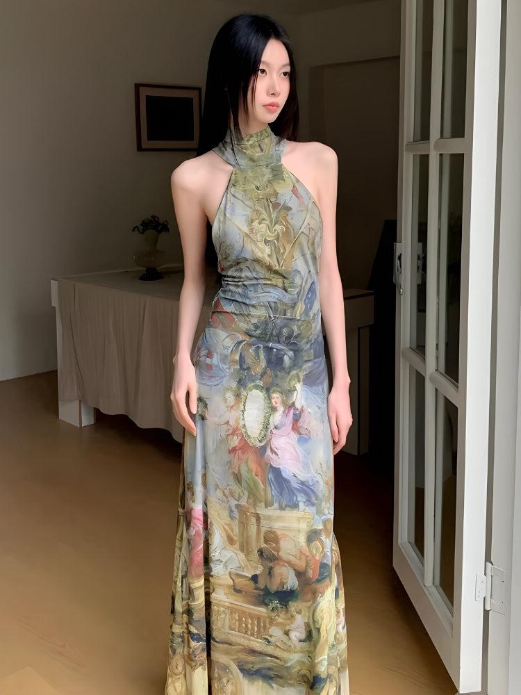 Baroque Print High-Neck Halter Fishtail Maxi Dress