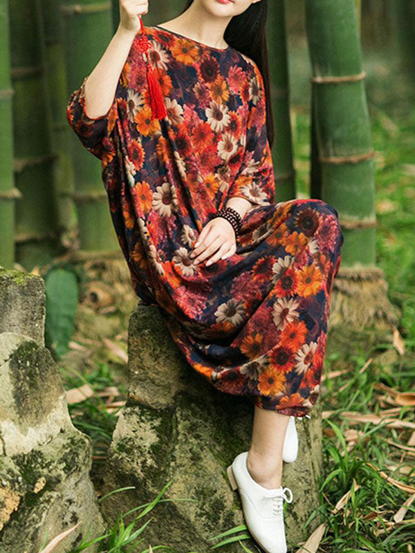 Floral Print Round Neck Batwing Sleeve Cocoon Maxi Dress 2