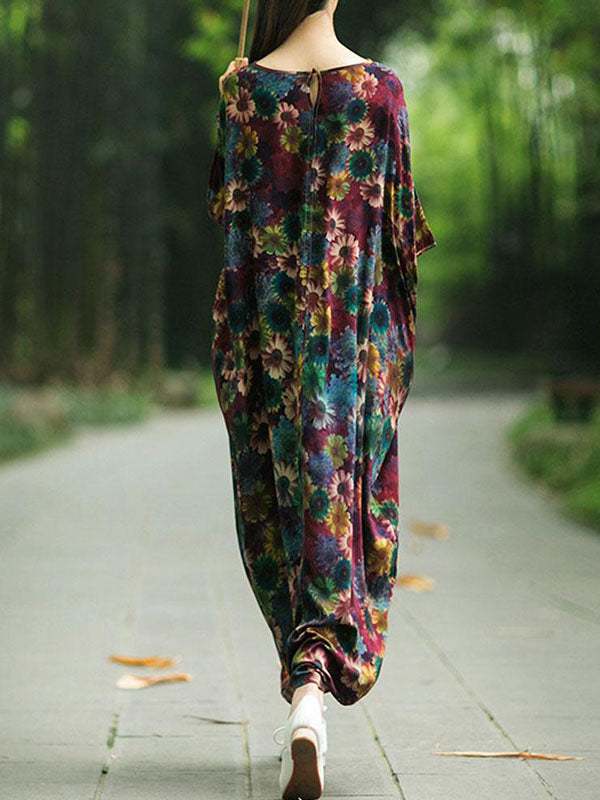 Floral Print Round Neck Batwing Sleeve Cocoon Maxi Dress 5