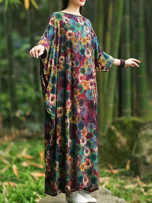 Floral Print Round Neck Batwing Sleeve Cocoon Maxi Dress 4