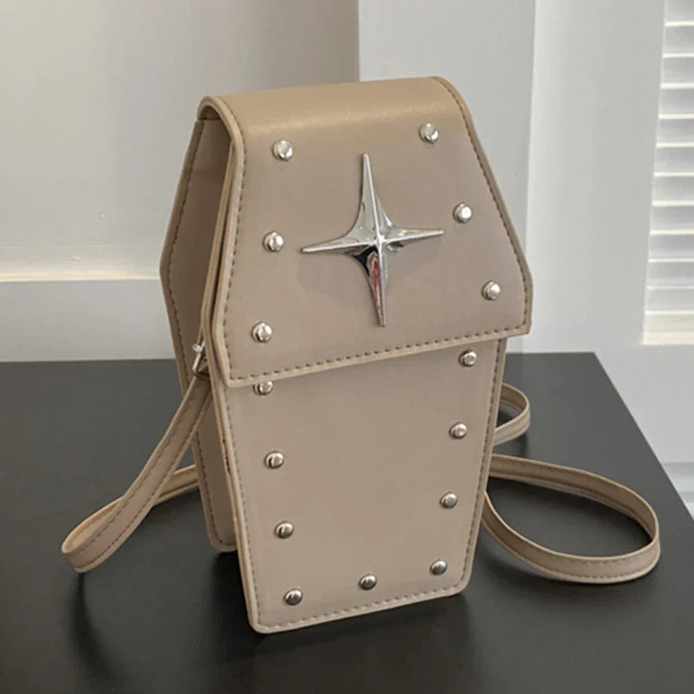 Retro Gothic Dark Personalized Casual Star Rivet Pu Leather Women Halloween Handbag Khaki