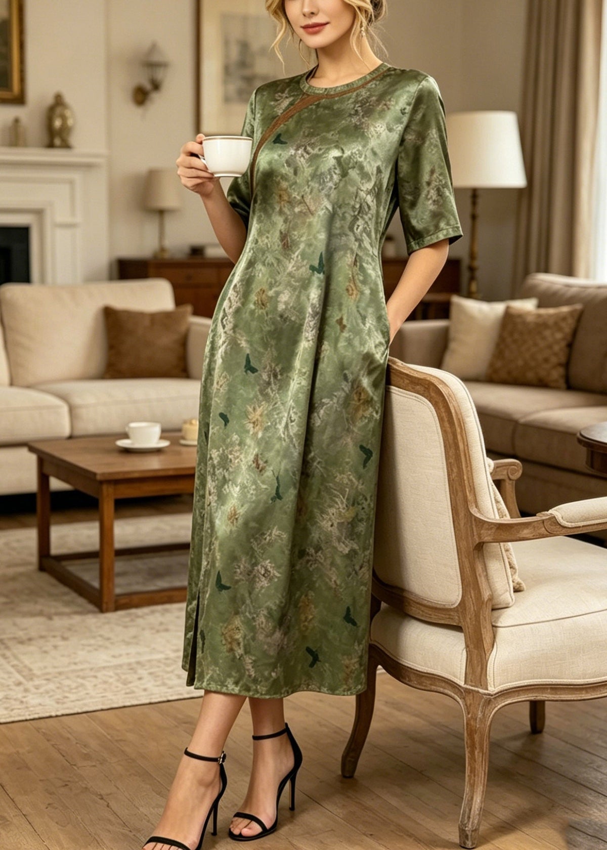 Butterfly Print Round Neck Cheongsam Trim Short Sleeve Midi Dress