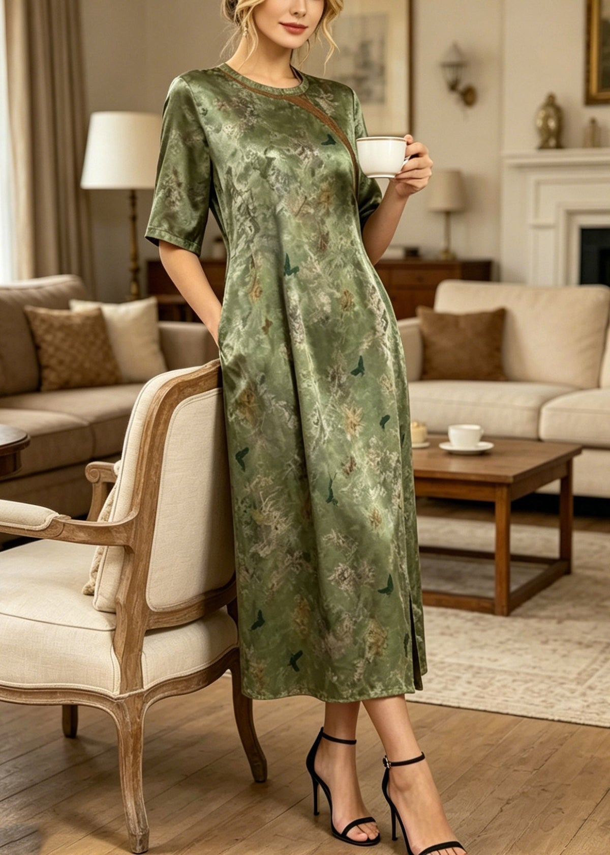 Butterfly Print Round Neck Cheongsam Trim Short Sleeve Midi Dress - View 3