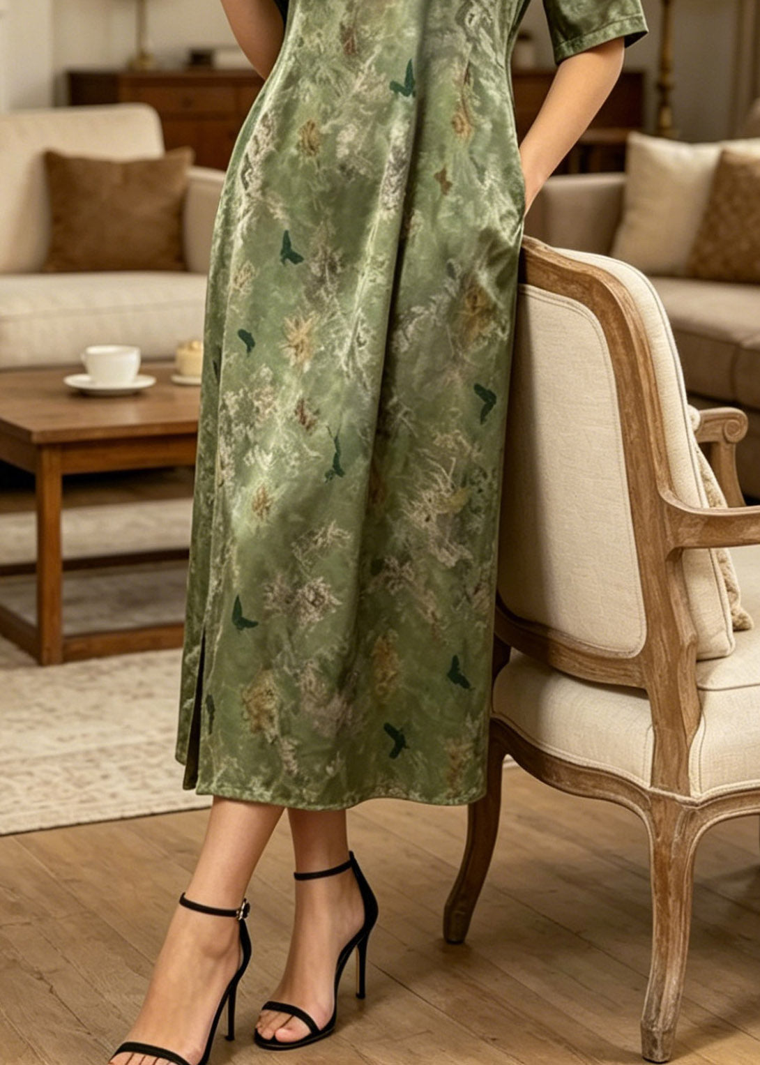 Butterfly Print Round Neck Cheongsam Trim Short Sleeve Midi Dress - View 4