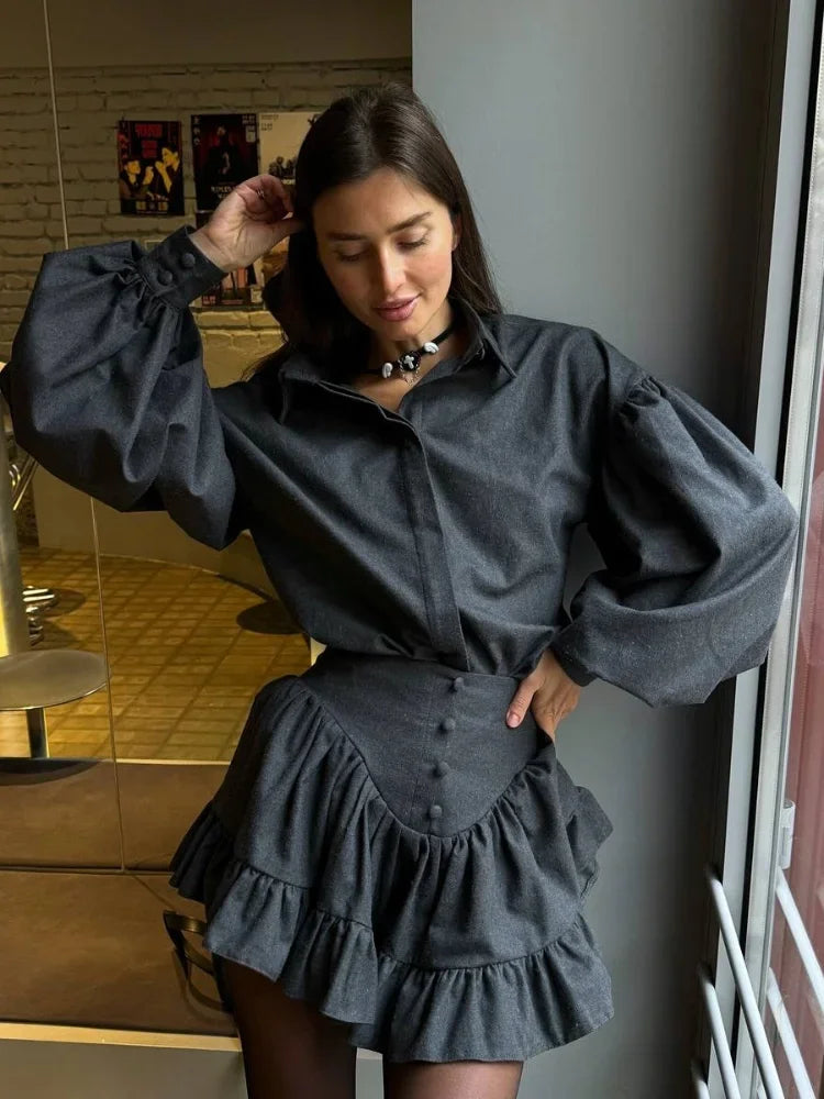 Retro Lapel Loose Bishop Sleeve Blouse