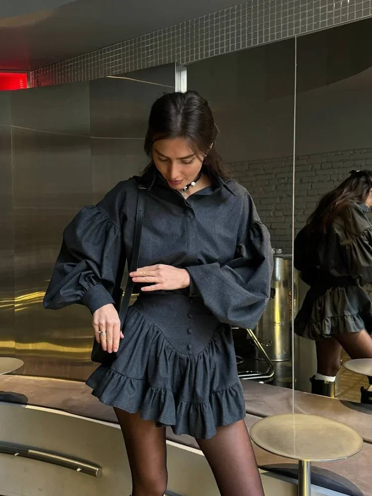 Retro Lapel Loose Bishop Sleeve Blouse