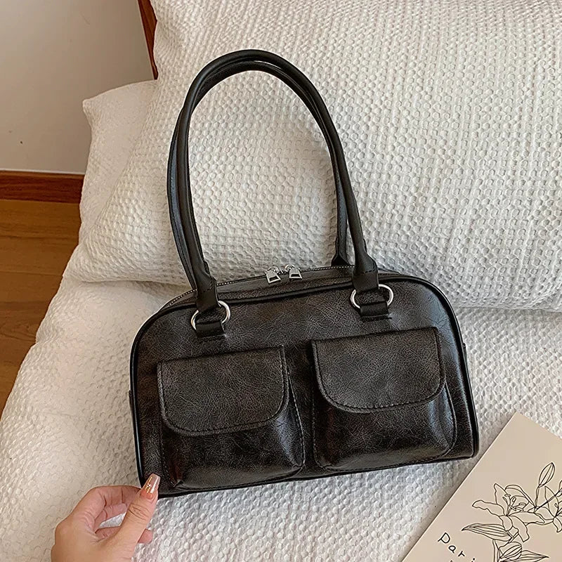 Retro Double Pockets Small Shoulder Bag