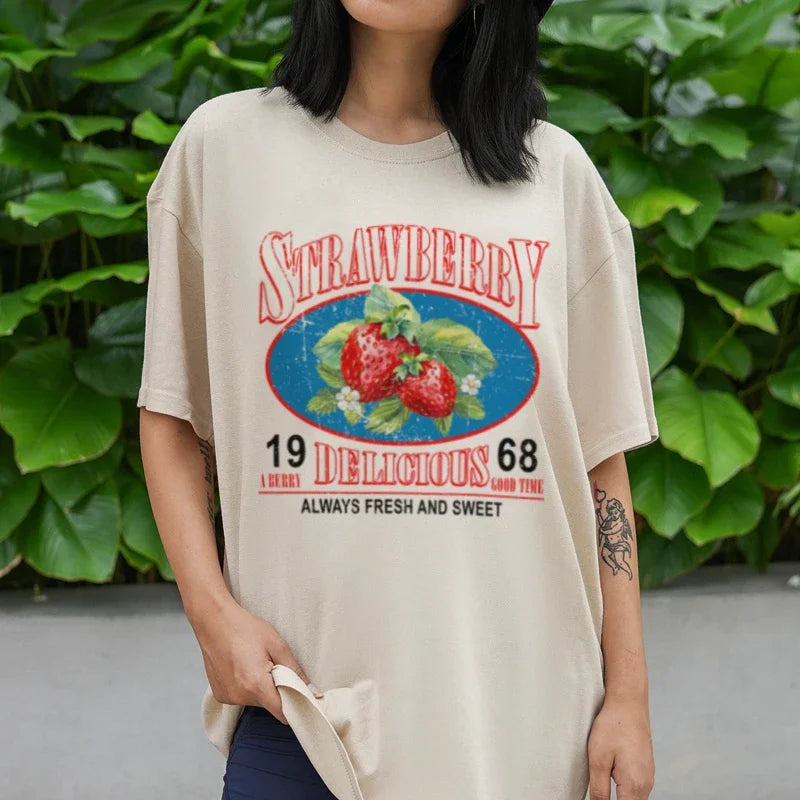 Retro Strawberry Printed Graphic T-shirt