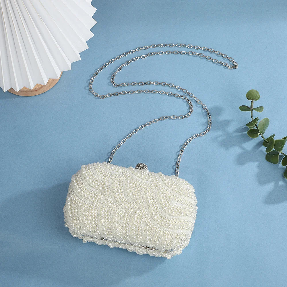 Retro Luxurious Pearl Wave Style Evening Clutch Bag