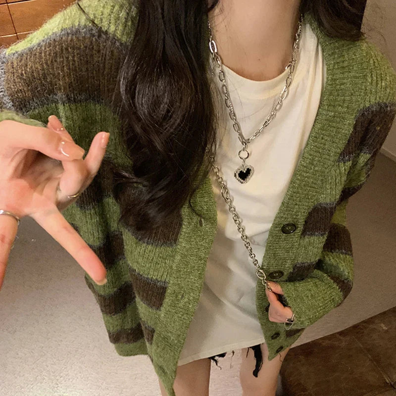 Retro Green Stripe V-Neck Single Breasted Cardigan