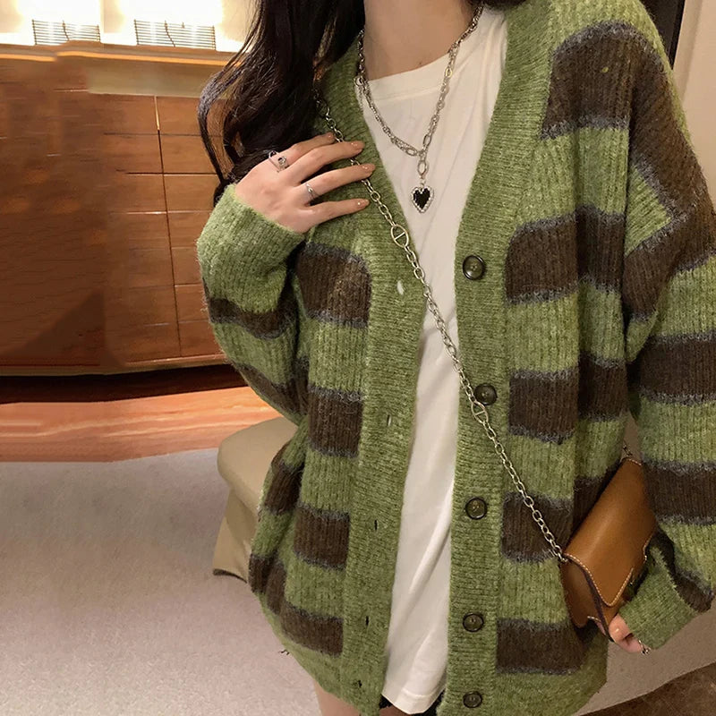 Retro Green Stripe V-Neck Single Breasted Cardigan