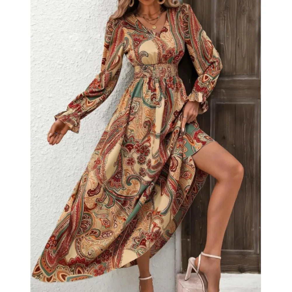 Heart Print V-Neck Long Sleeve Smocked Waist Maxi Dress