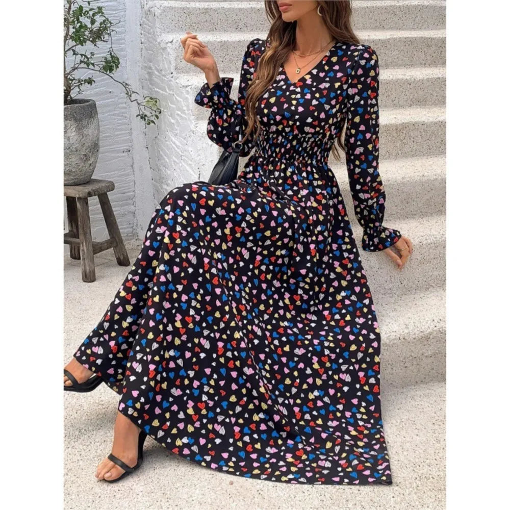 Heart Print V-Neck Long Sleeve Smocked Waist Maxi Dress