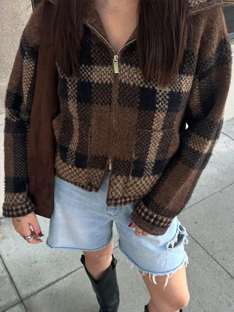Retro Zipper Loose Long Sleeve Knit Cardigan