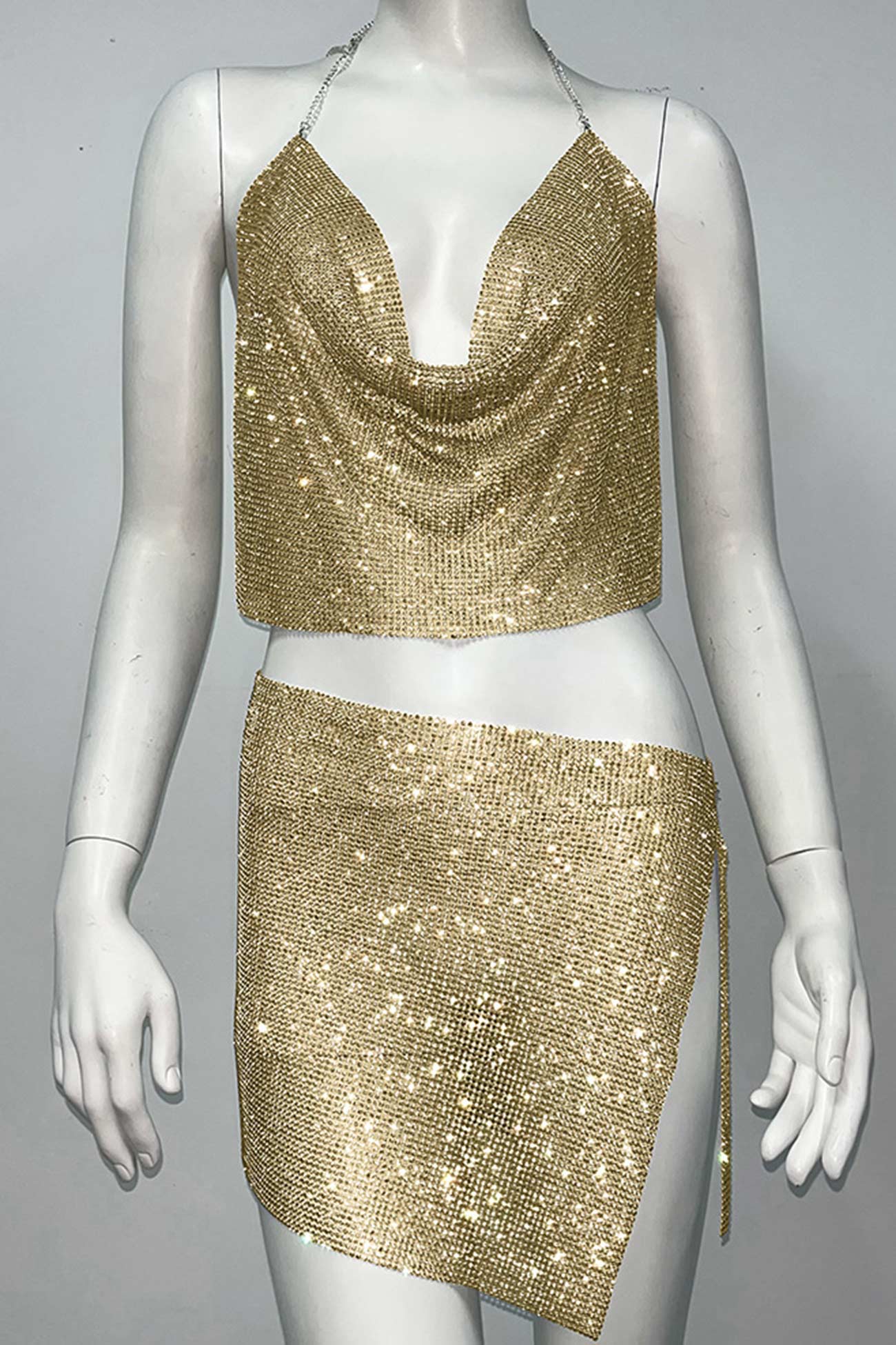 Rhinestone Cowl Neck Halter Crop Top Slit Skirt Suits