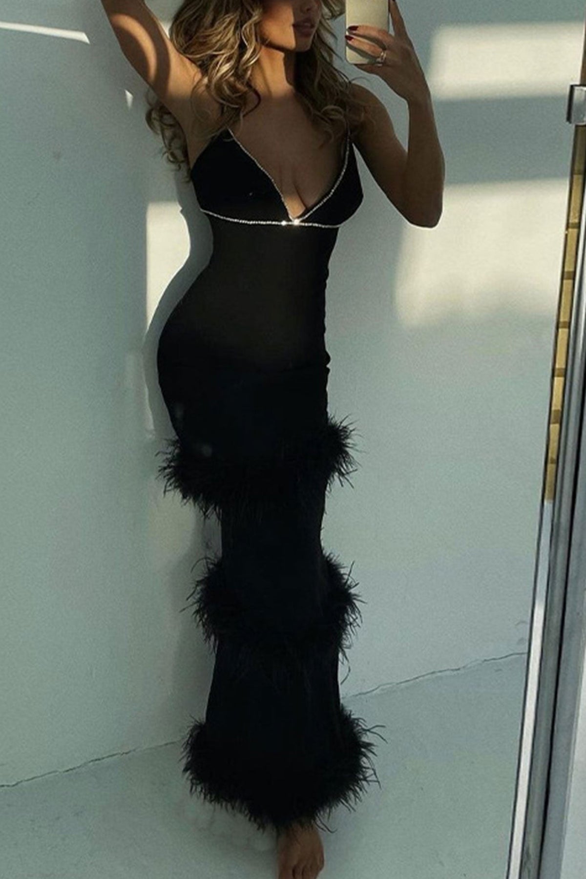 Satin V-Neck Feather Hem Mermaid Maxi Dress