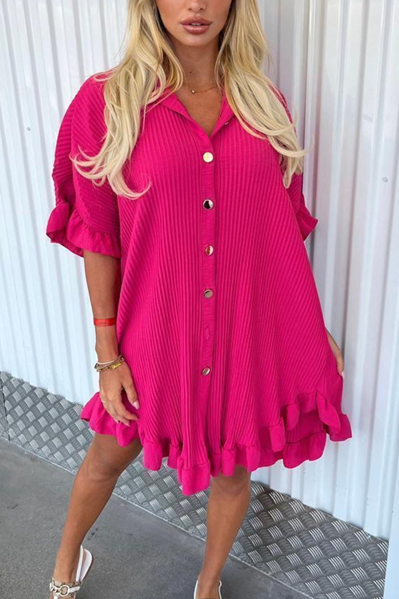 Ribbed Ruffle Button-down Shirt Dress - Fashionpara