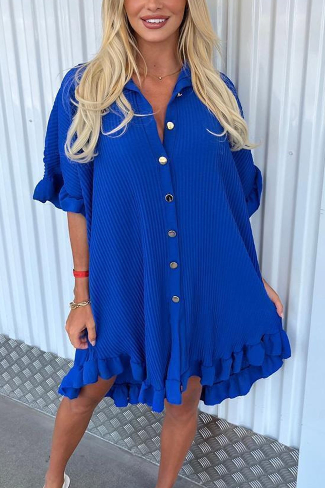 Ribbed Ruffle Button-down Shirt Dress - Fashionpara
