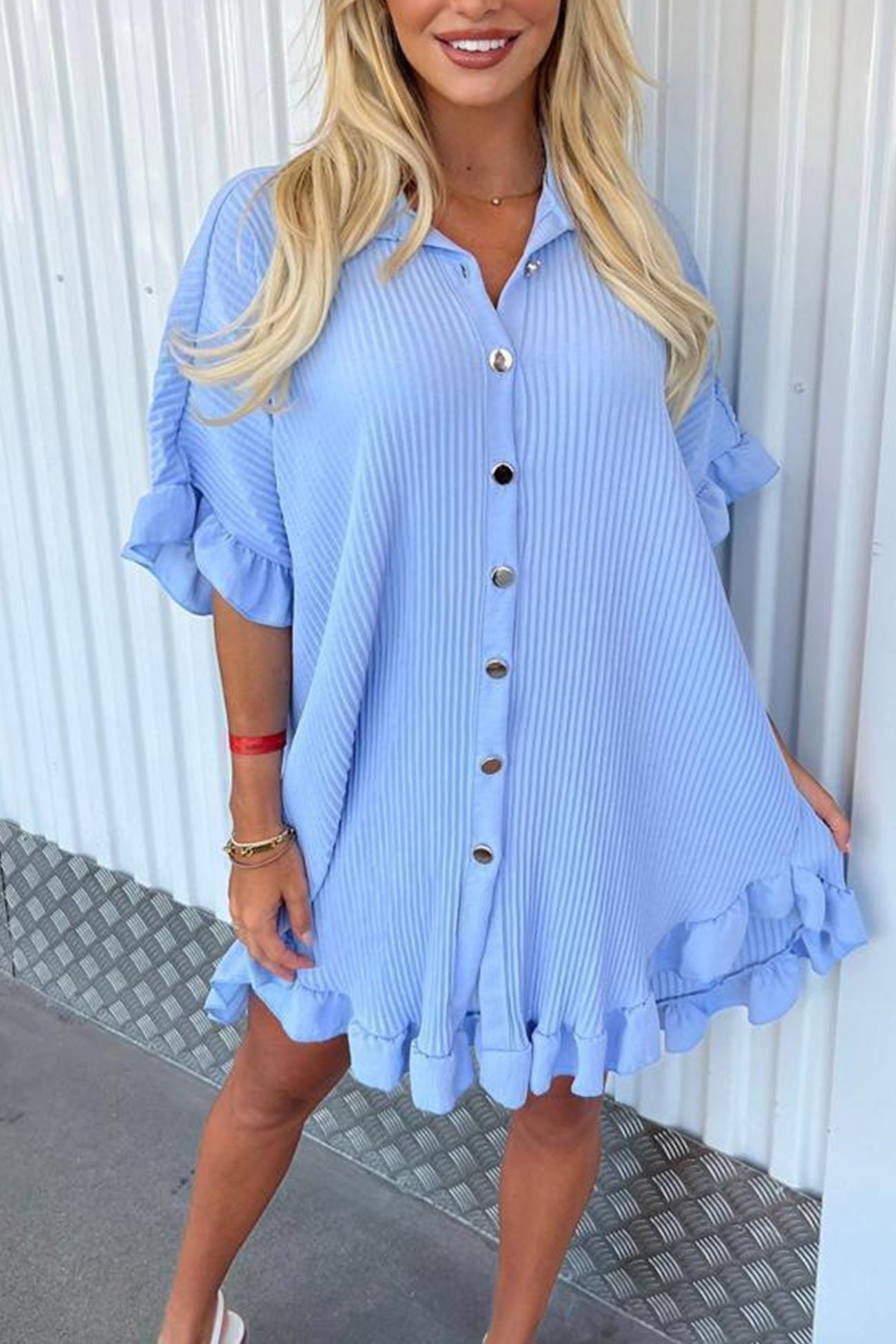 Ribbed Ruffle Button-down Shirt Dress - Fashionpara