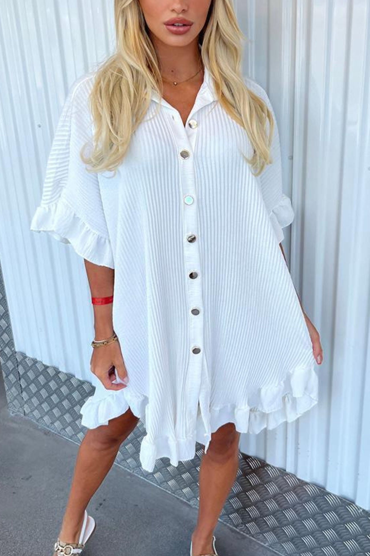 Ribbed Ruffle Button-down Shirt Dress - Fashionpara
