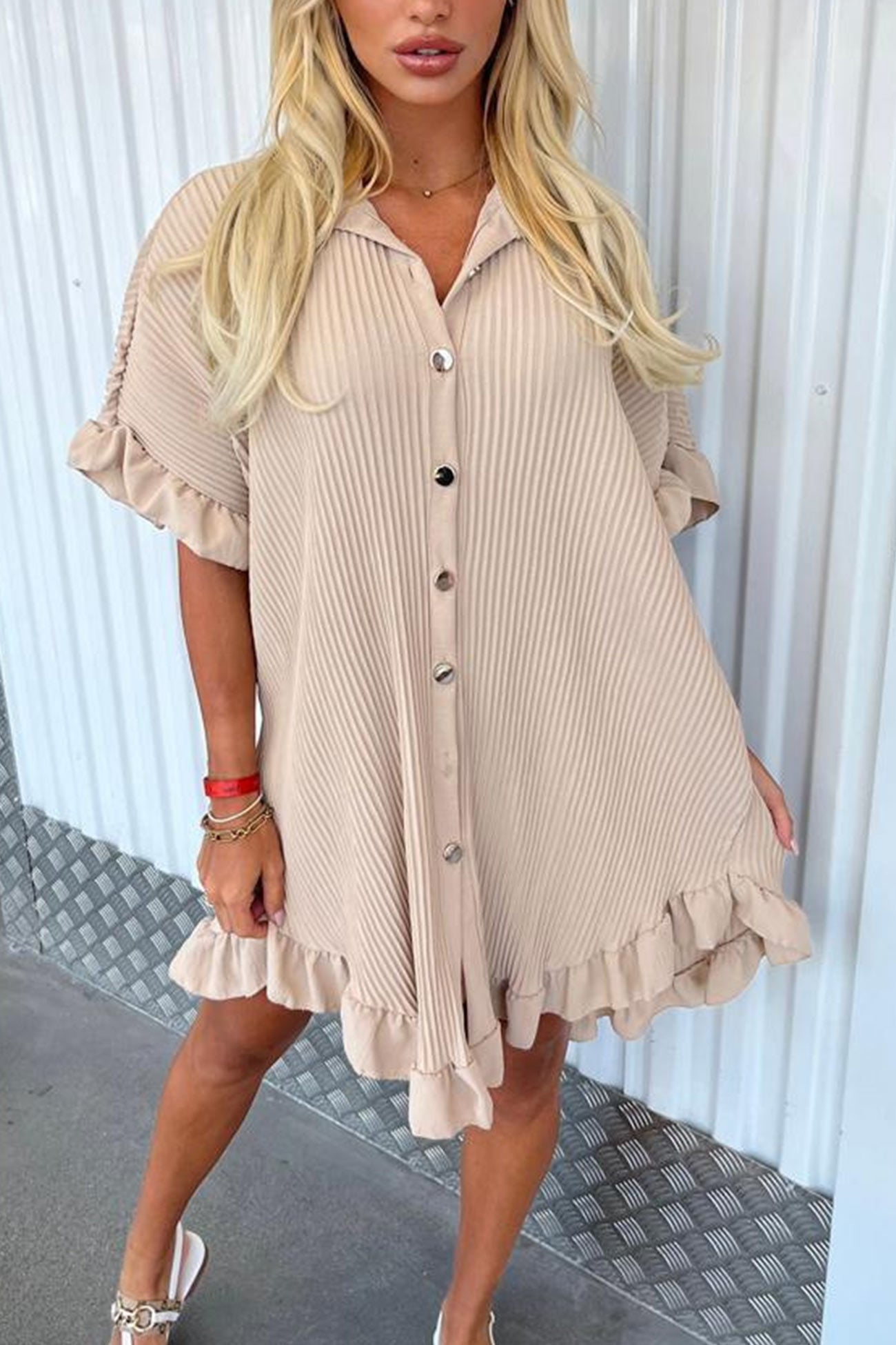 Ribbed Ruffle Button-down Shirt Dress - Fashionpara