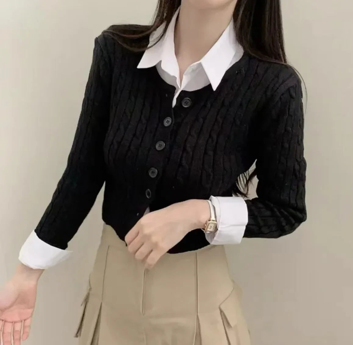 Ribbed Cable Knit Slim Fit Button-Up Cropped Cardigan