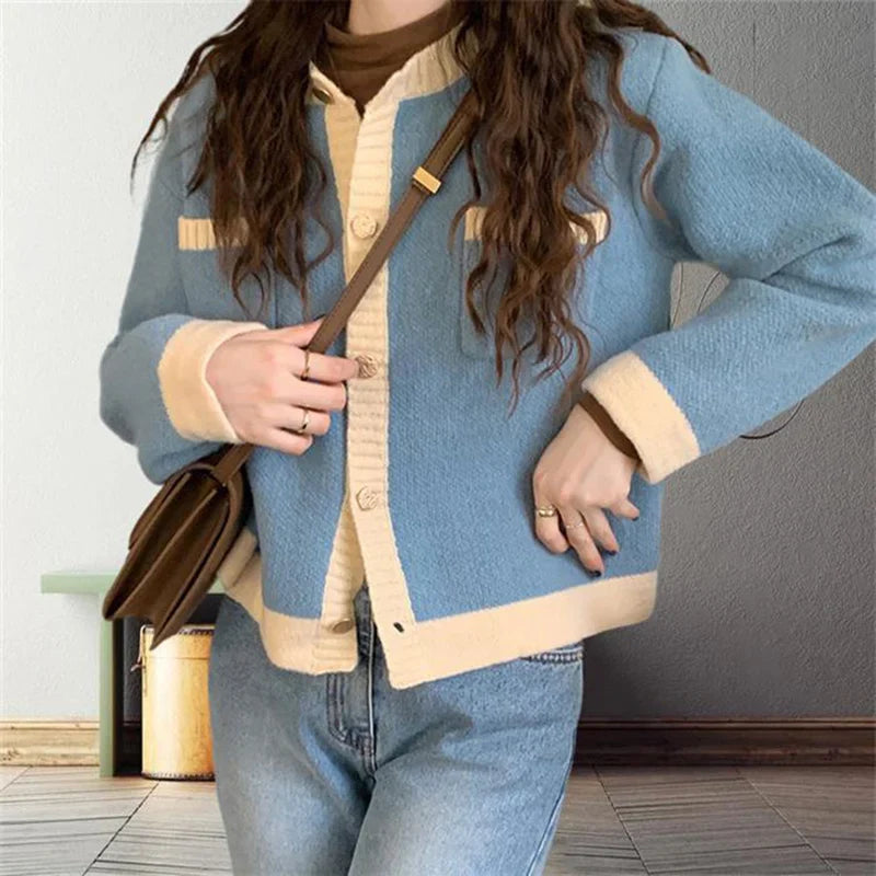 Patchwork Single Breasted Knit Long Sleeve Cardigan