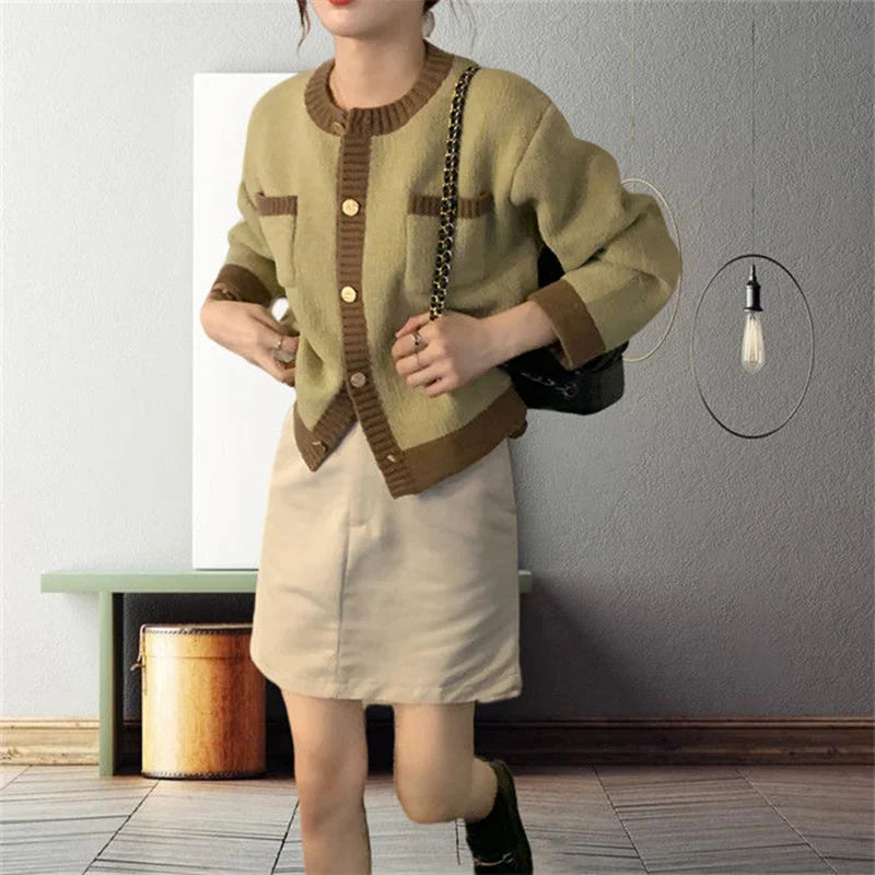 Patchwork Single Breasted Knit Long Sleeve Cardigan