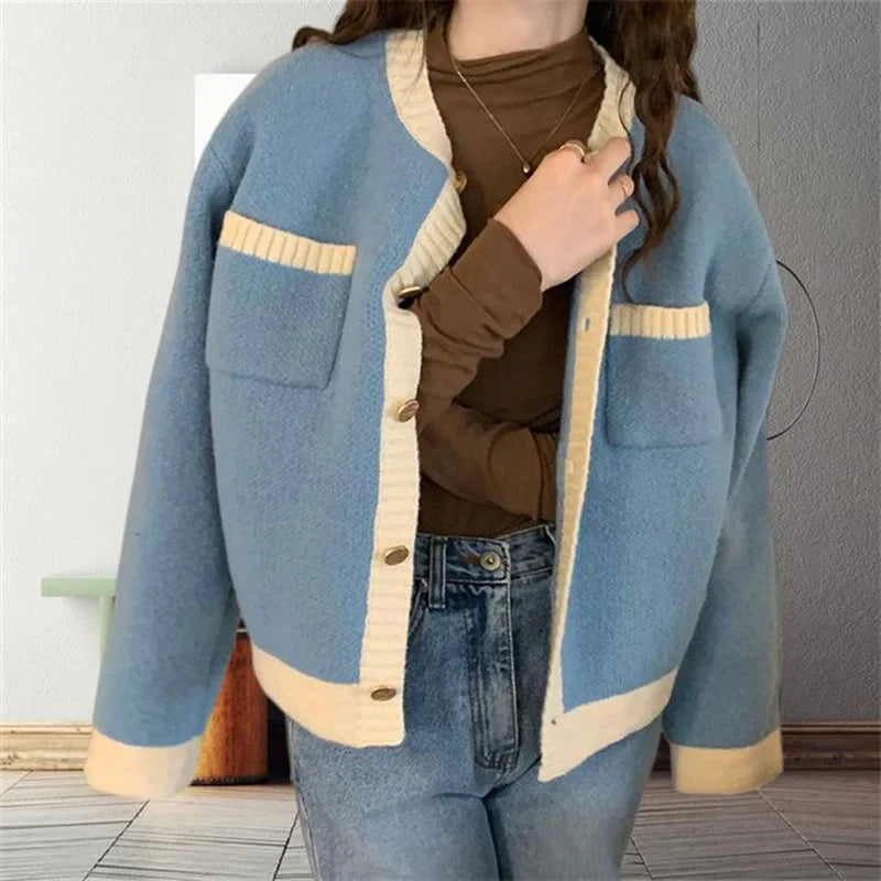 Patchwork Single Breasted Knit Long Sleeve Cardigan