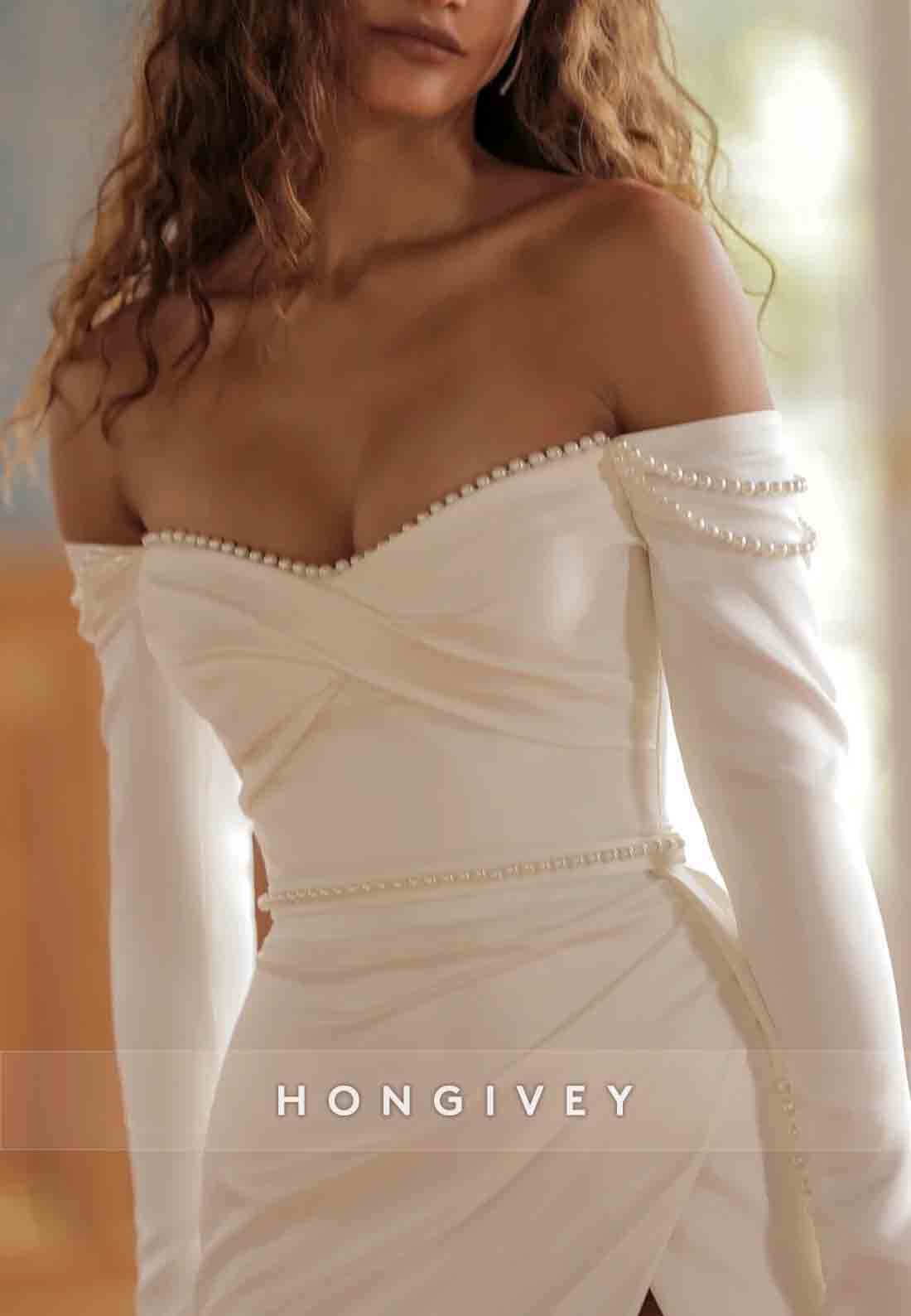 High Slit Off the Shoulder Long Sleeve Pleated Trim Wedding Dresses
